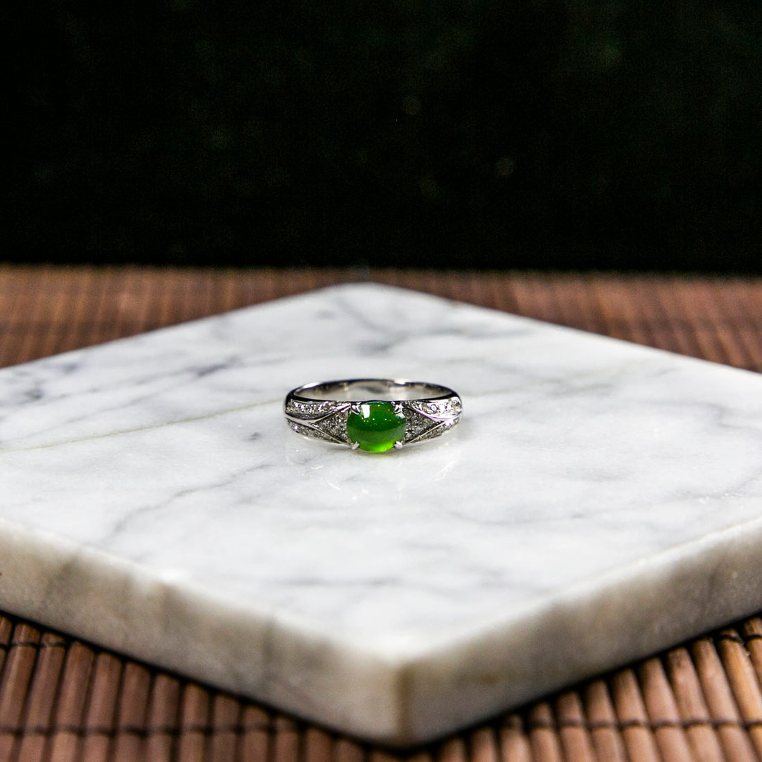 18K Platinum Diamond Natural Burmese Jade Icy Bright Green Cabochon Ring