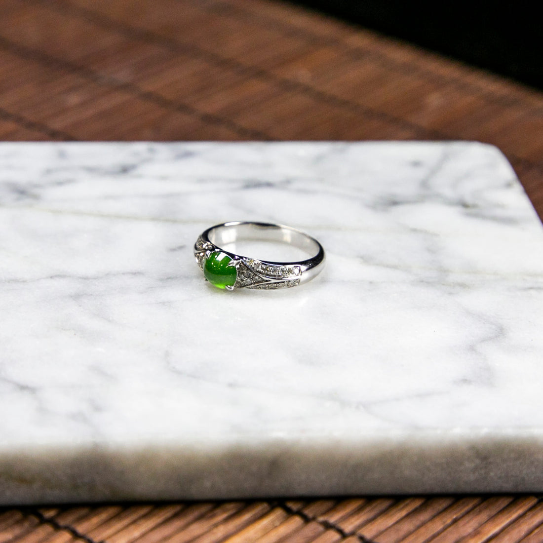 18K Platinum Diamond Natural Burmese Jade Icy Bright Green Cabochon Ring