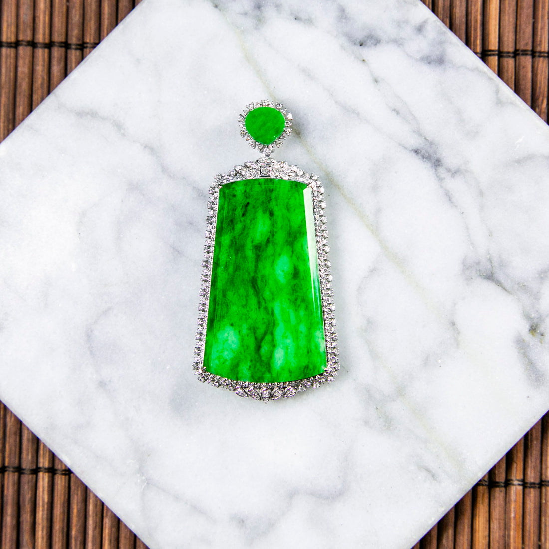 18K Platinum DIamond Natural Burmese Jade Bright Green Piao Hua Pendant