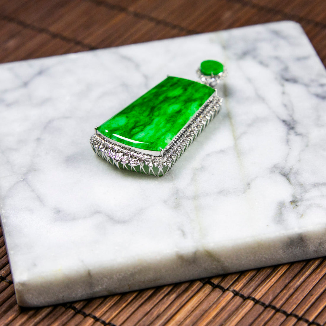 18K Platinum DIamond Natural Burmese Jade Bright Green Piao Hua Pendant