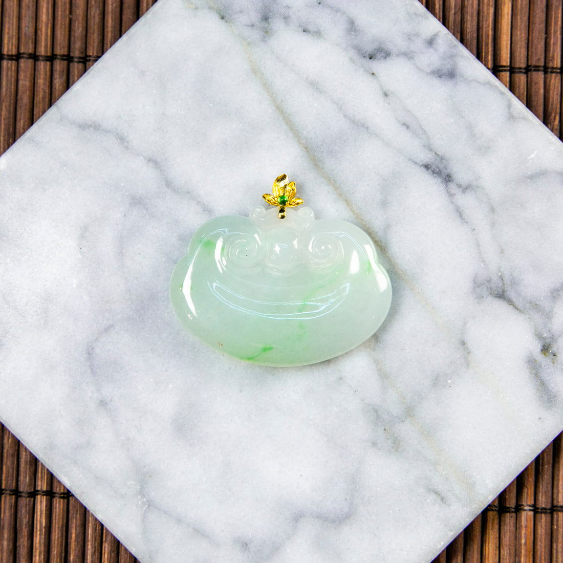 18K Gold Natural Burmese Jade White & Green Ruyi Pendant