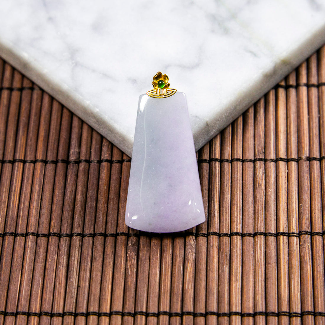 18K Gold Natural Burmese Jade Light Green & Lavender Pendant