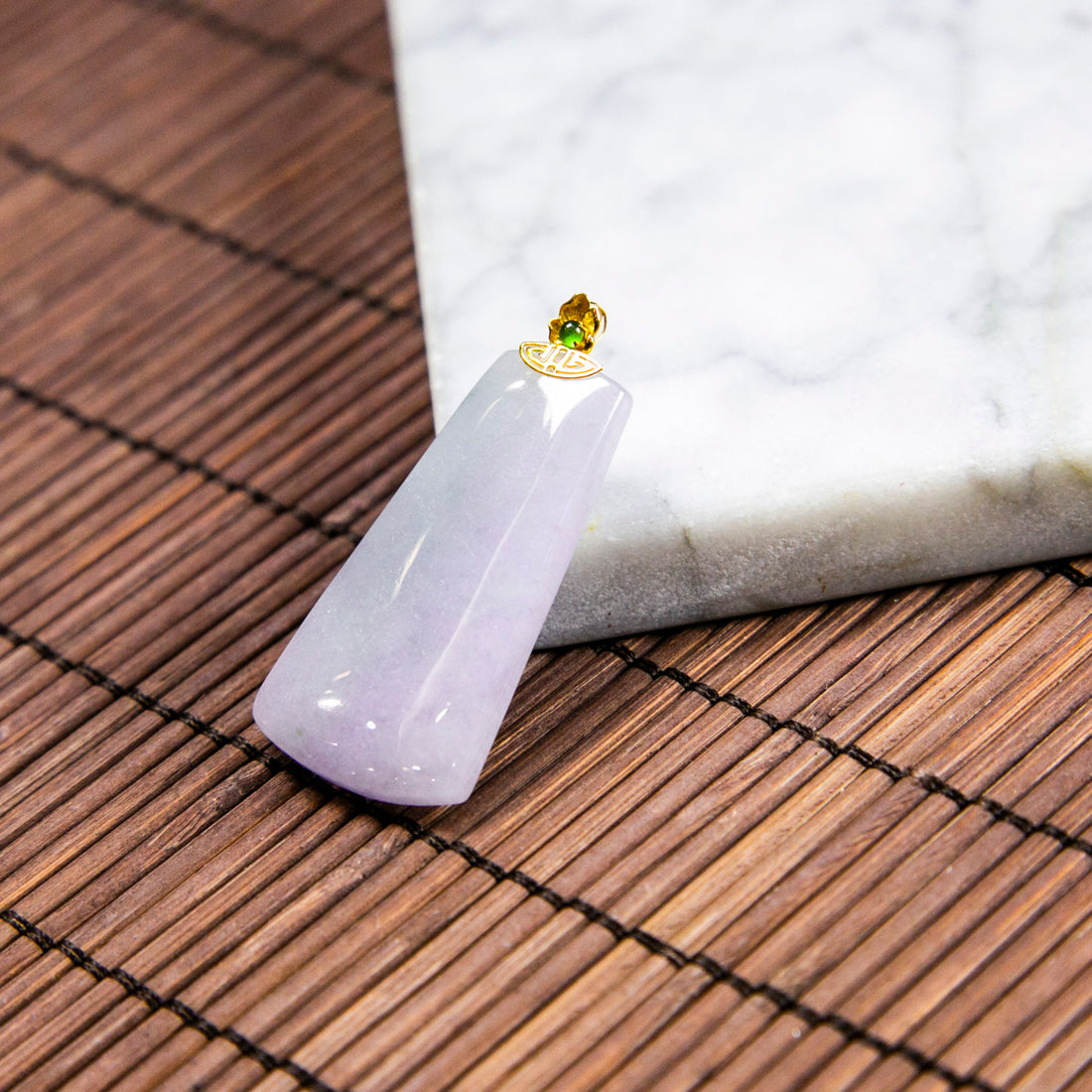 18K Gold Natural Burmese Jade Light Green & Lavender Pendant