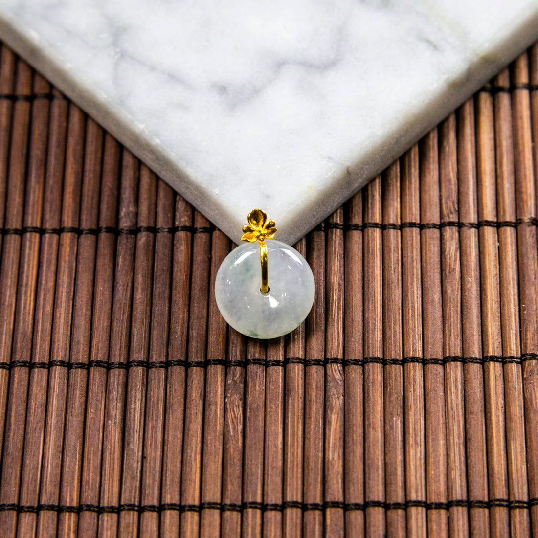 18K Gold Natural Burmese Jade Icy White Piao Hua Ping An Donut Pendant