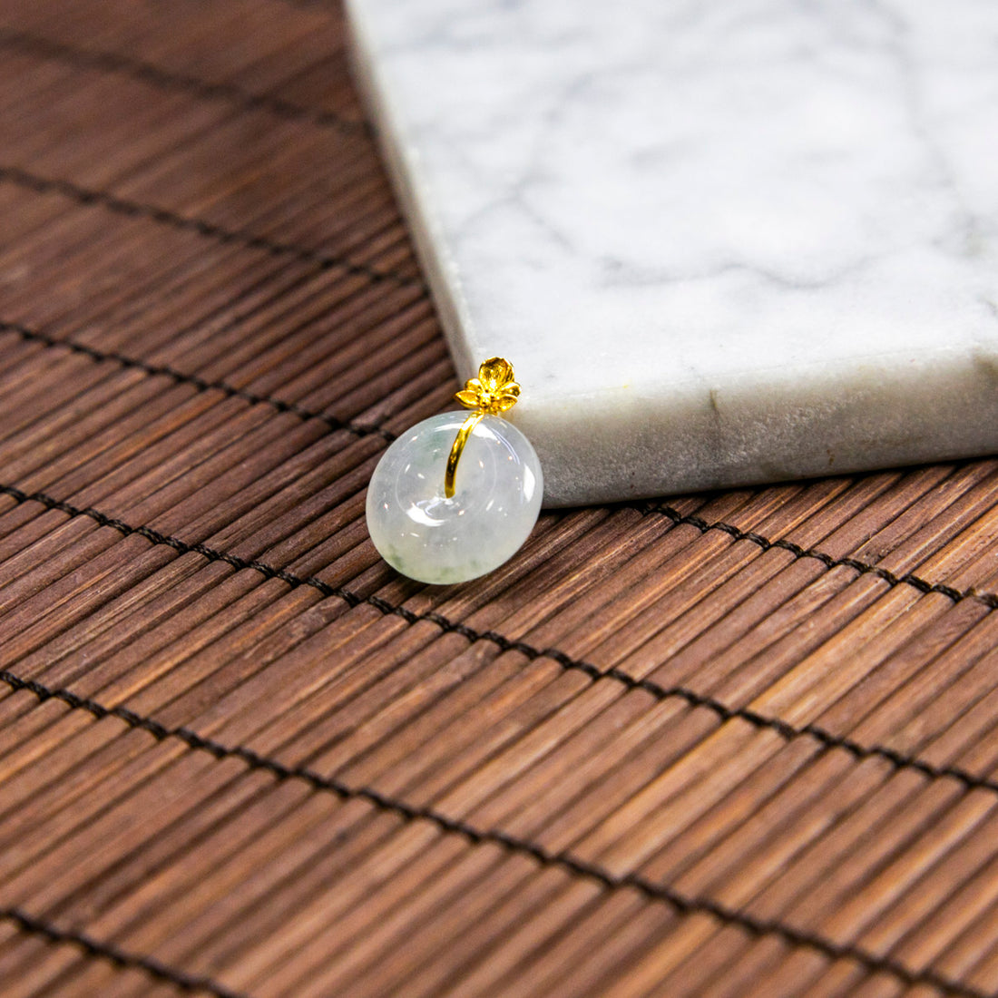18K Gold Natural Burmese Jade Icy White Piao Hua Ping An Donut Pendant