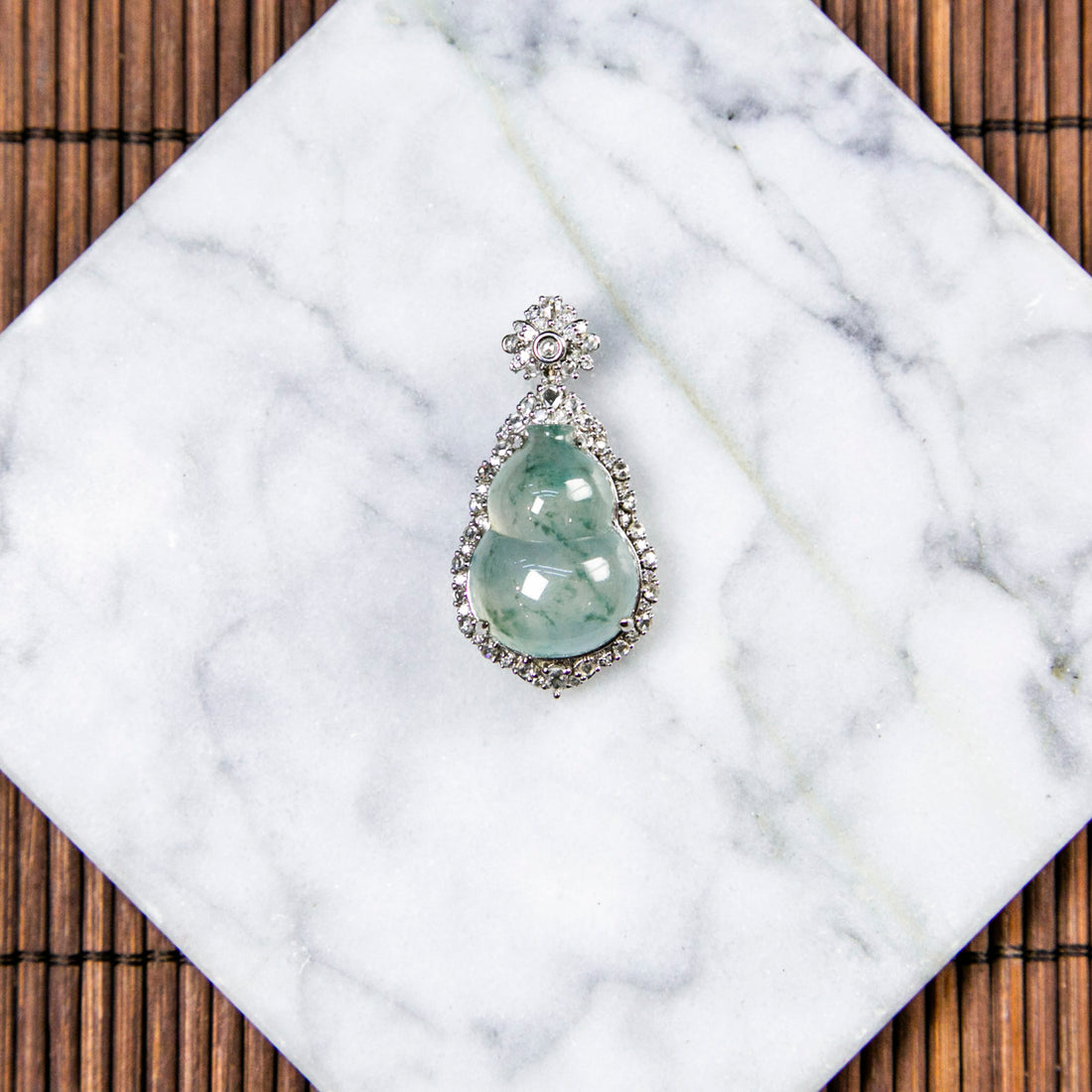 18K Platinum Diamond Natural Burmese Jade Icy White Piao Hua Hulu Pendant