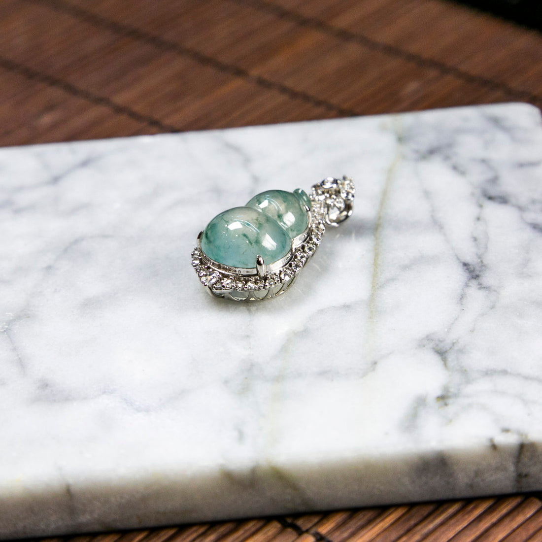 18K Platinum Diamond Natural Burmese Jade Icy White Piao Hua Hulu Pendant