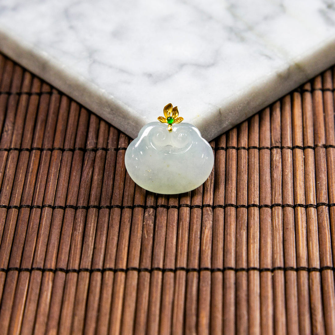 18K Gold Natural Burmese Jade White & Green Ruyi Pendant