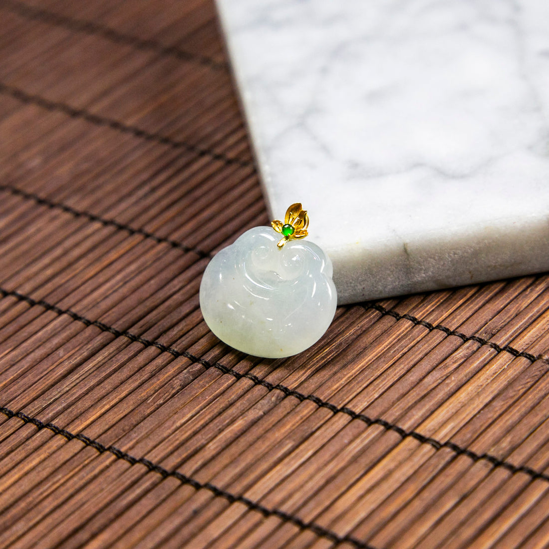 18K Gold Natural Burmese Jade White & Green Ruyi Pendant