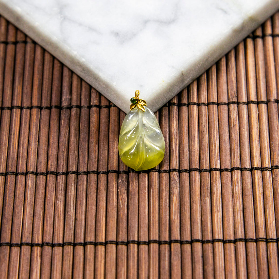 18K Gold Diamond Natural Burmese Jade Icy Yellow Leaf Pendant