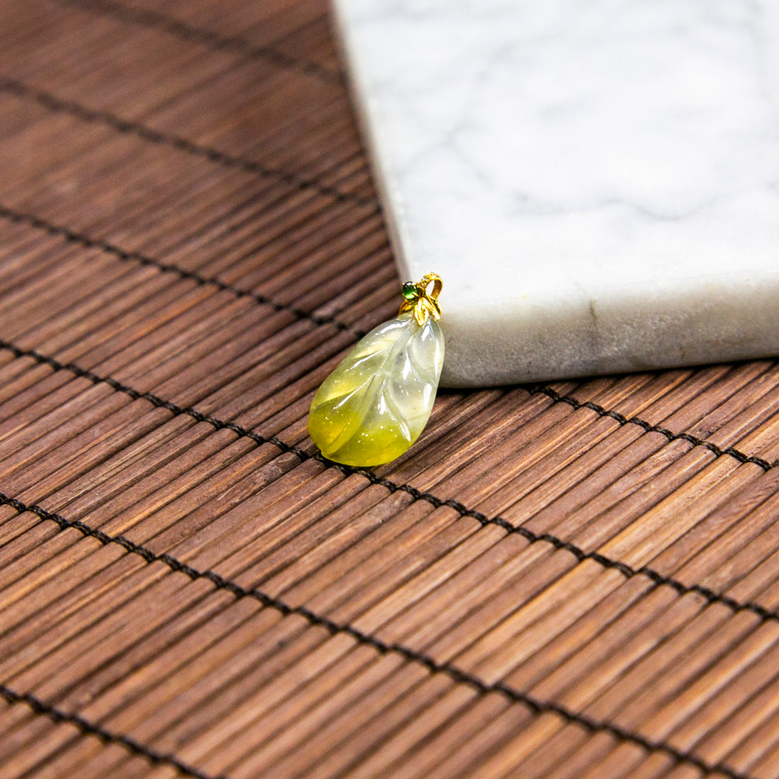 18K Gold Diamond Natural Burmese Jade Icy Yellow Leaf Pendant