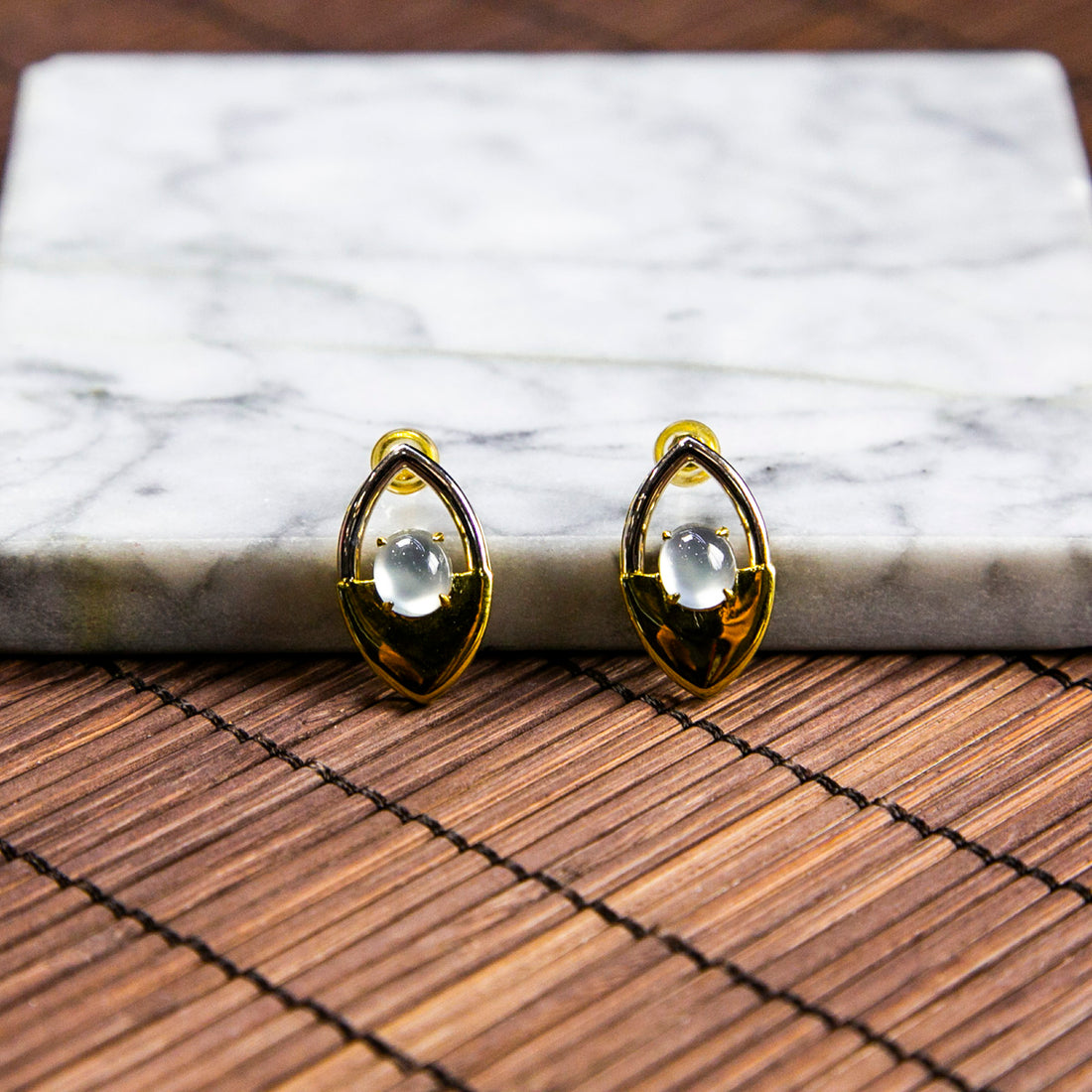 18K Gold Natural Burmese Jade Icy White Cabochon Ear Studs