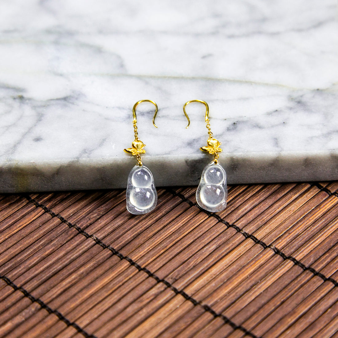 18K Gold Diamond Natural Burmese Jade Icy White Hulu Ear Studs