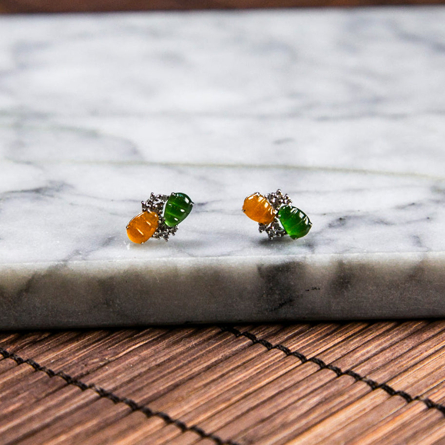 18K Platinum Diamond Natural Burmese Jade Icy Green & Orange Hulu Ear Studs