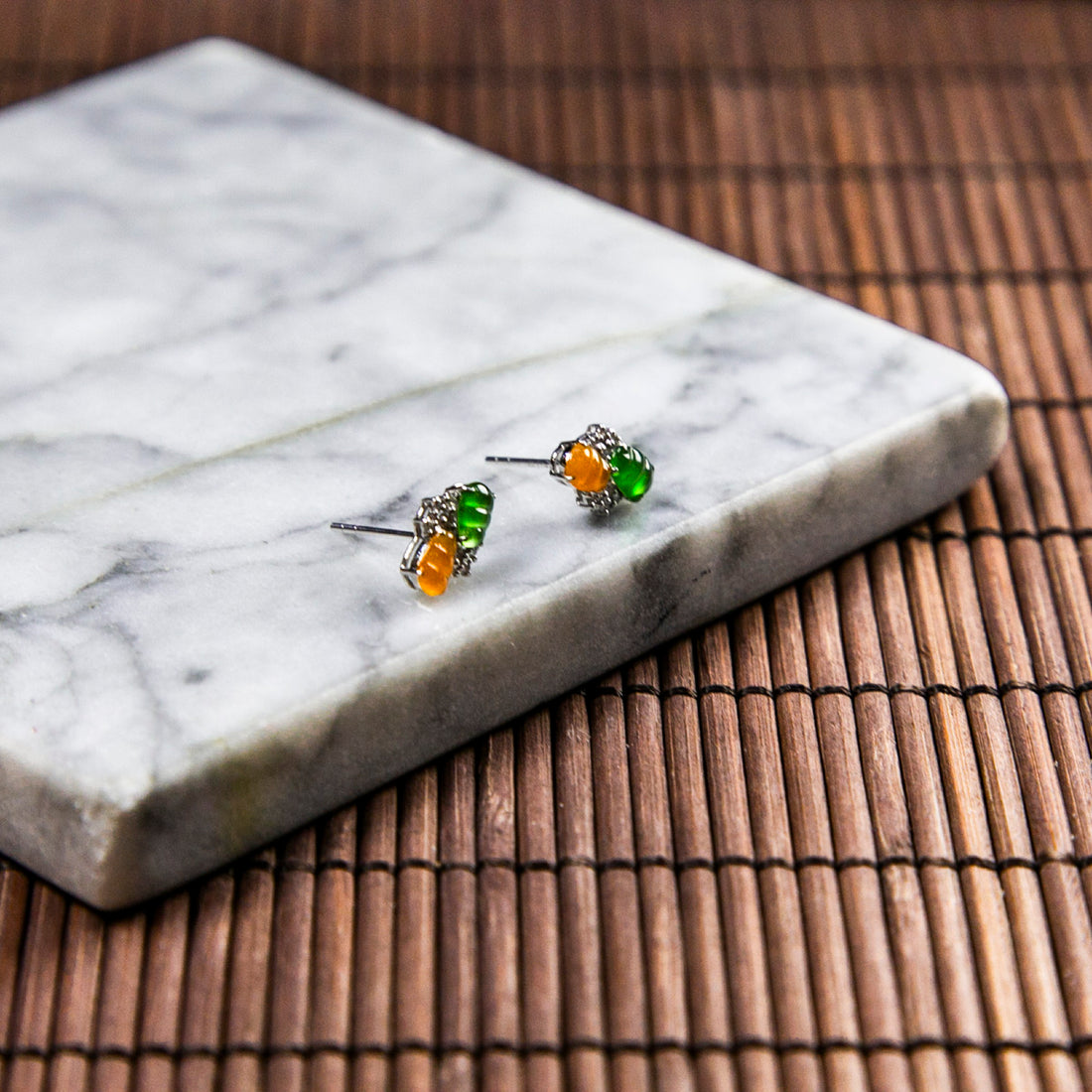 18K Platinum Diamond Natural Burmese Jade Icy Green & Orange Hulu Ear Studs