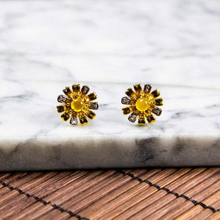 18K Gold Diamond Natural Burmese Jade Icy Yellow Ear Studs with Sunflower Design