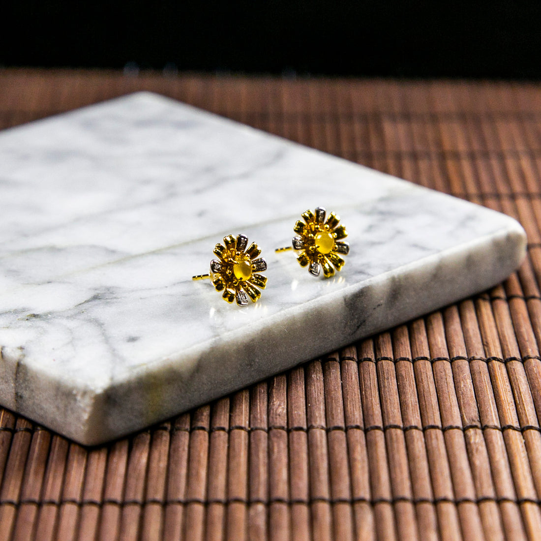 18K Gold Diamond Natural Burmese Jade Icy Yellow Ear Studs with Sunflower Design