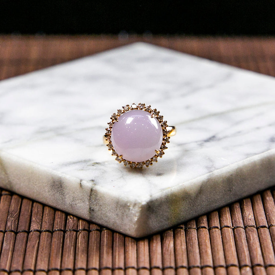 18K Rose Gold Diamond Natural Burmese Jade Icy Light Purple Cabochon Ring