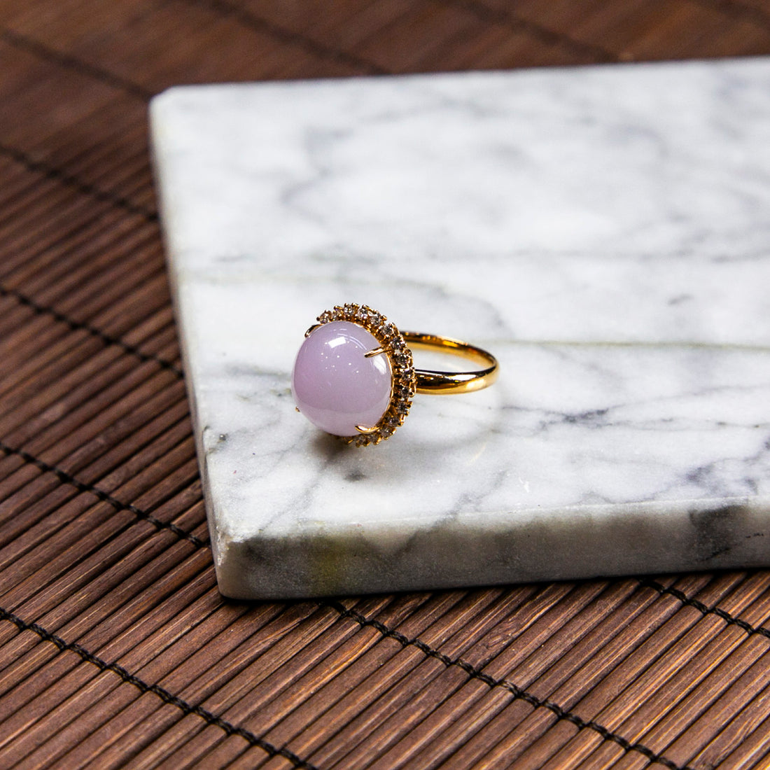 18K Rose Gold Diamond Natural Burmese Jade Icy Light Purple Cabochon Ring