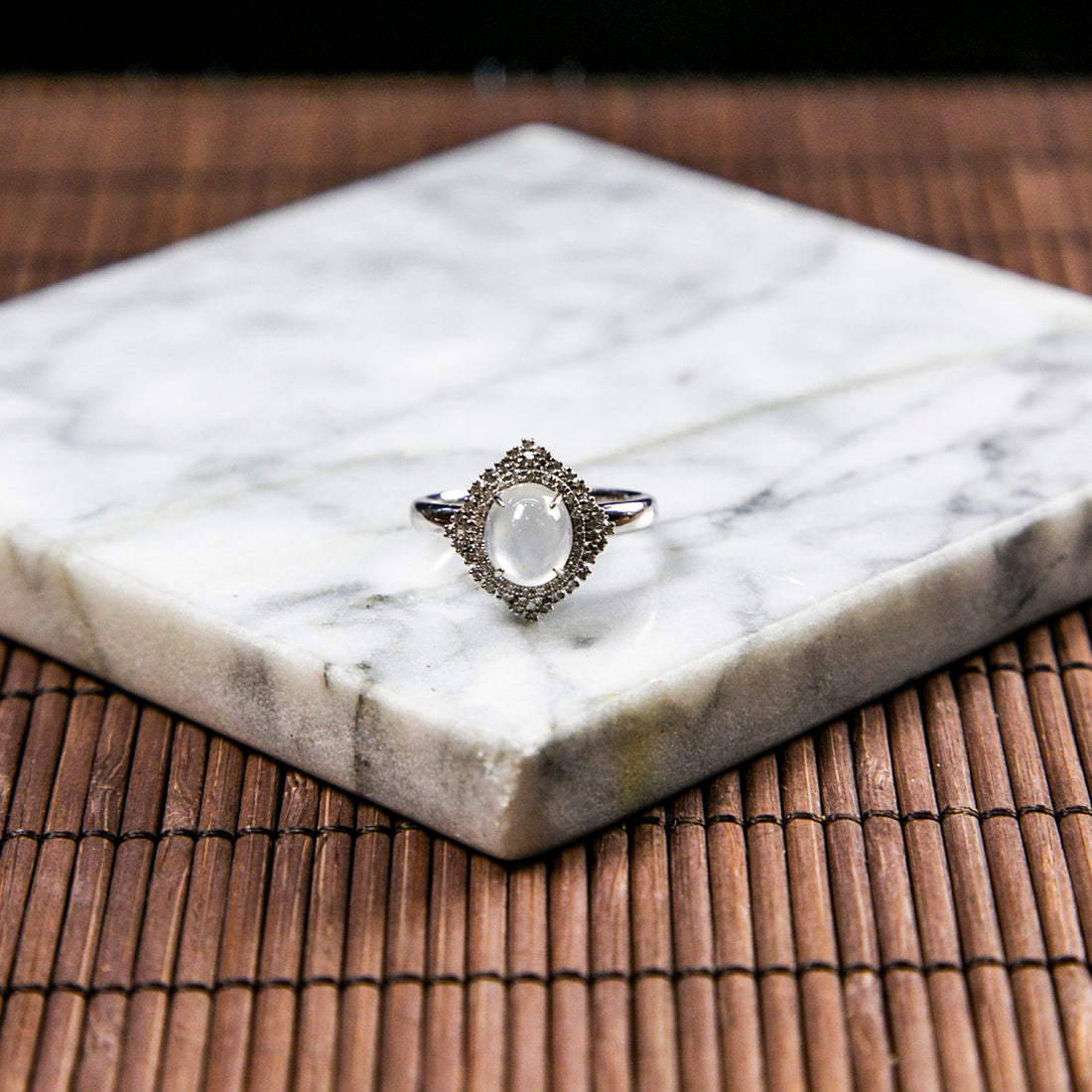 18K Platinum Diamond Natural Burmese Jade Icy White Cabochon Rhombus Ring