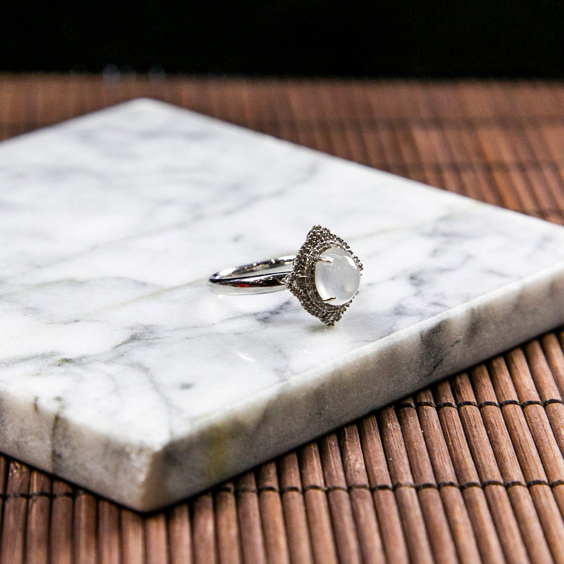 18K Platinum Diamond Natural Burmese Jade Icy White Cabochon Rhombus Ring