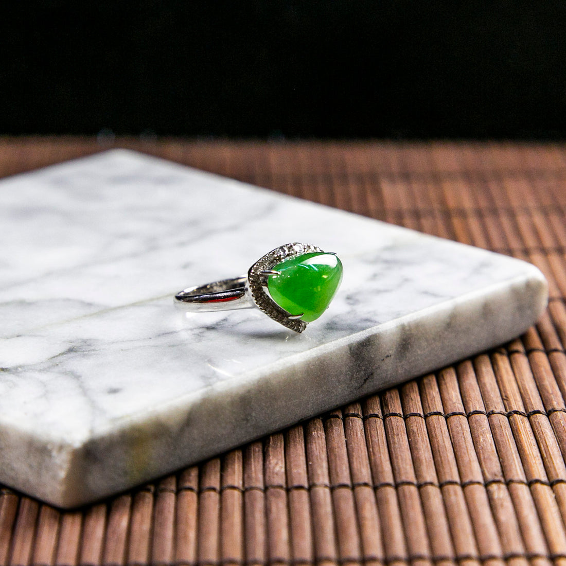 18K Platinum Diamond Natural Burmese Jade Icy Green Ring