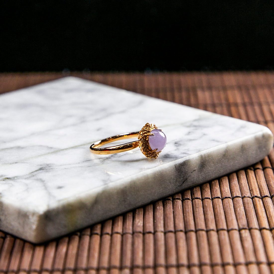 18K Rose Gold Diamond Natural Burmese Jade Icy Lavender Cabochon Ring