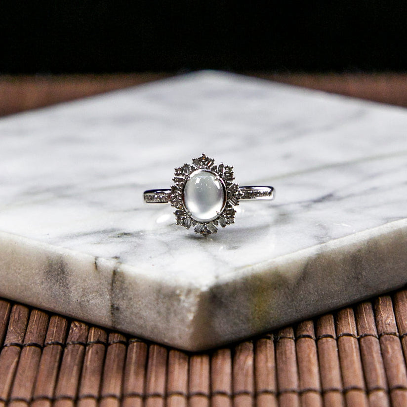 18K Platinum Diamond Natural Burmese Jade Icy White Cabochon Ring