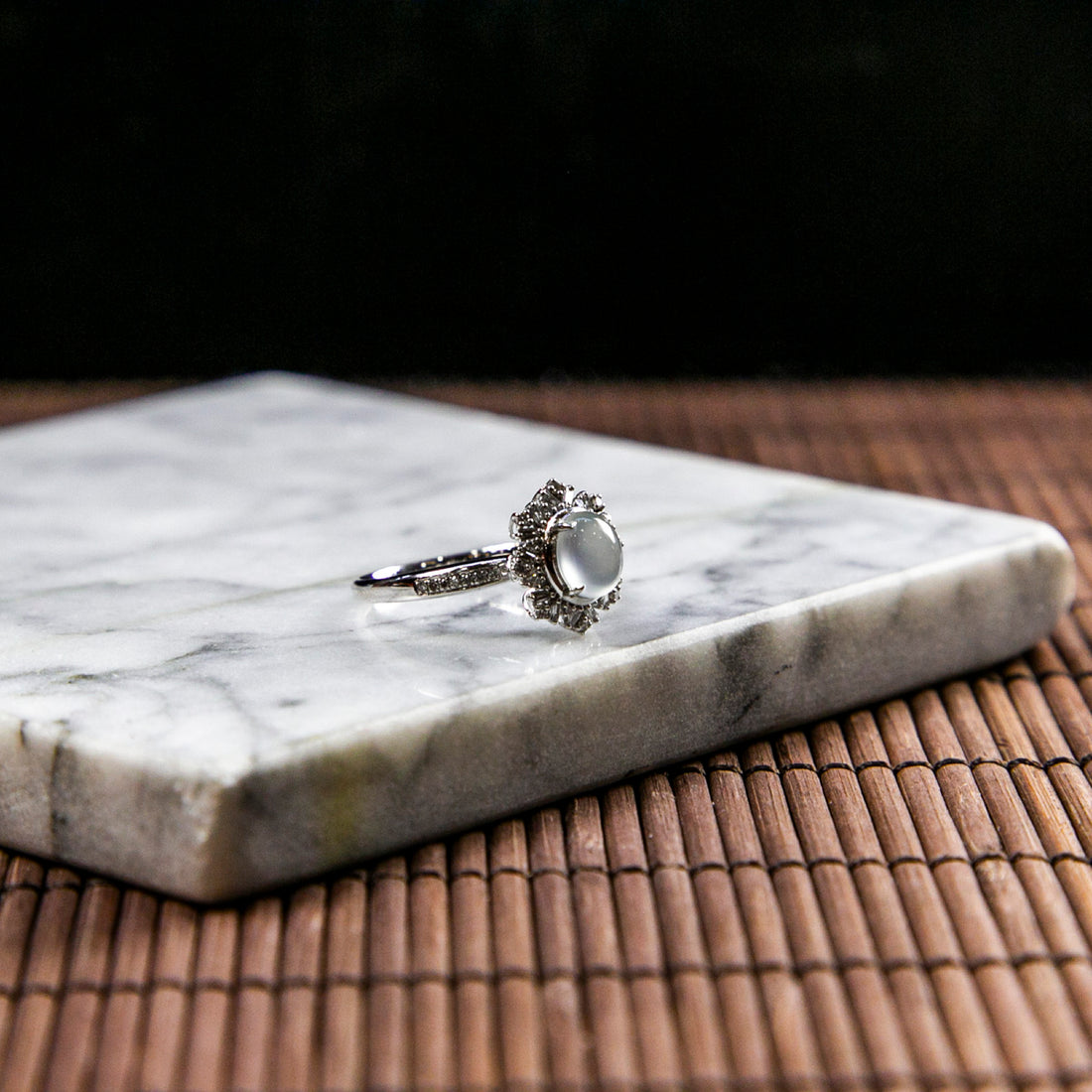 18K Platinum Diamond Natural Burmese Jade Icy White Cabochon Ring