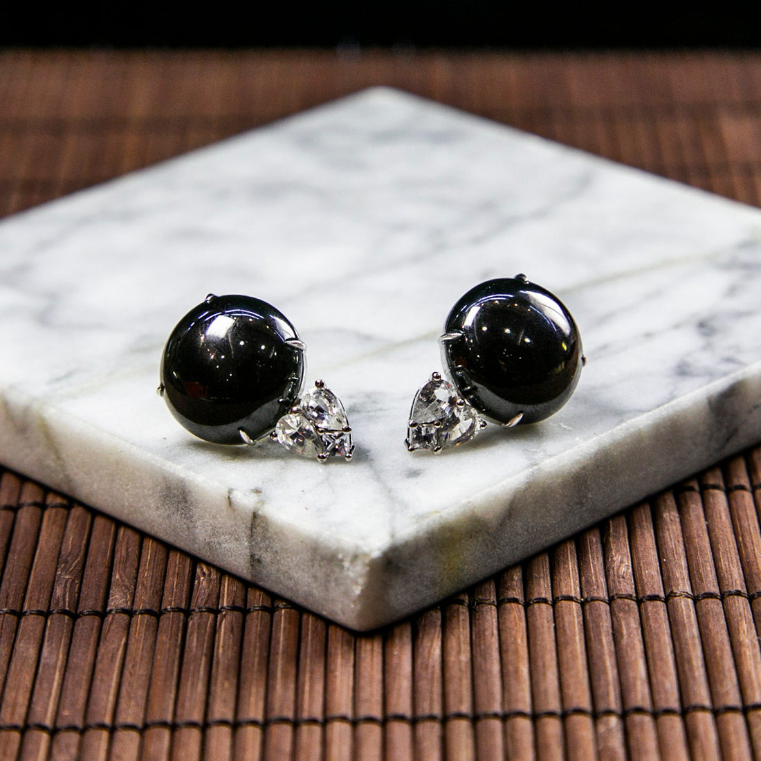 18K Platinum Diamond Natural Burmese Jade Ink Jade Cabochon Earrings