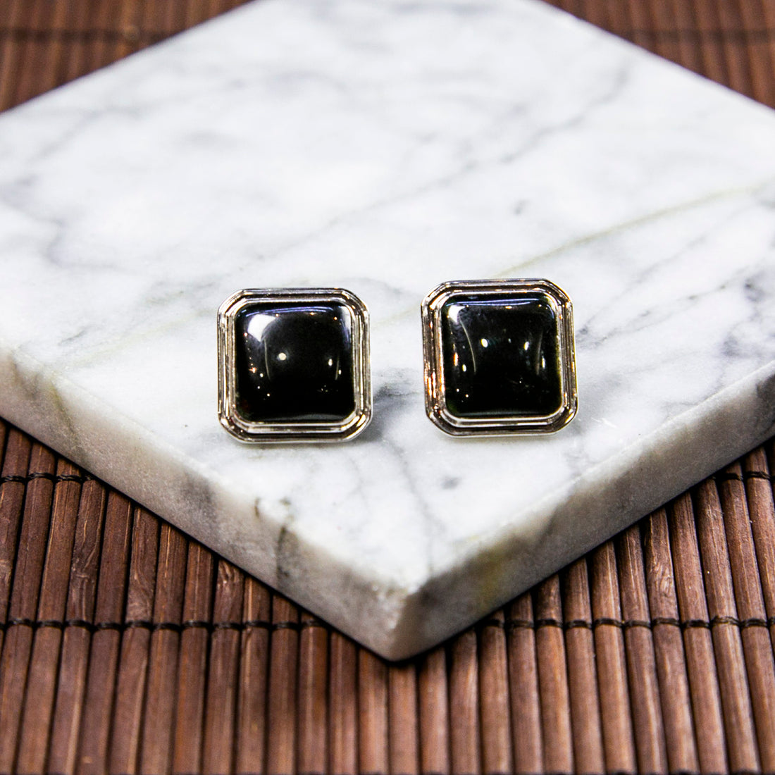 18K Platinum Natural Burmese Jade Ink Jade Square Ear Studs