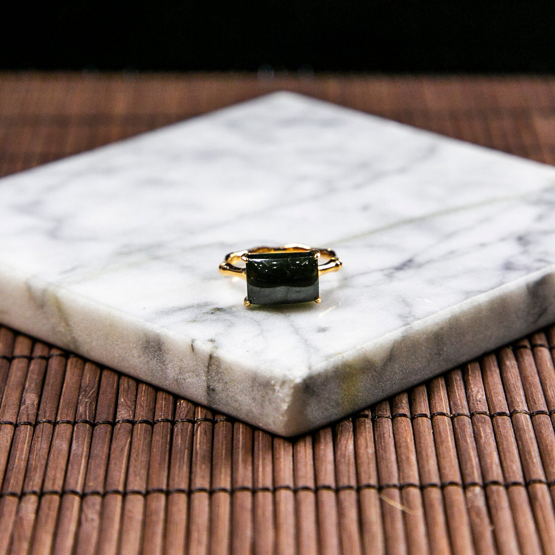 18K Gold Diamond Natural Burmese Jade Ink Jade Rectangle Ring