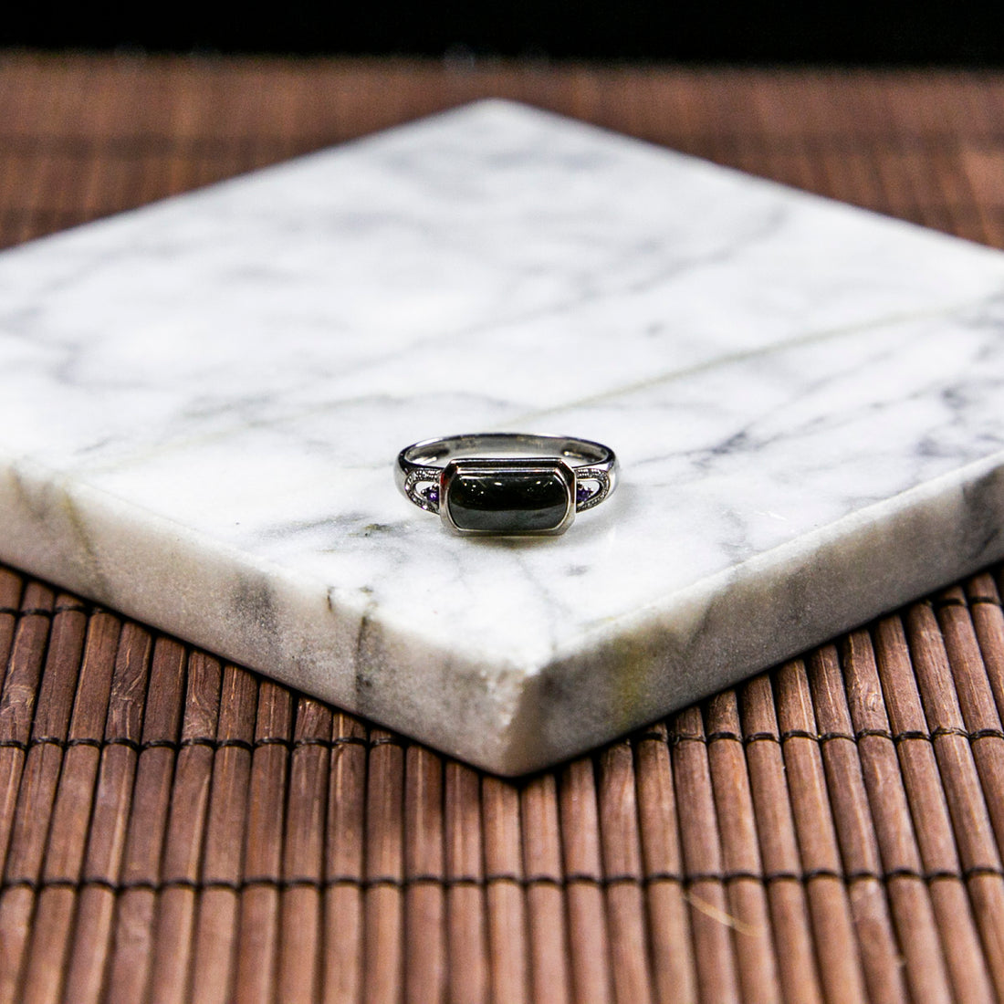 18K Platinum Diamond Natural Burmese Jade Ink Jade Rectangle Ring