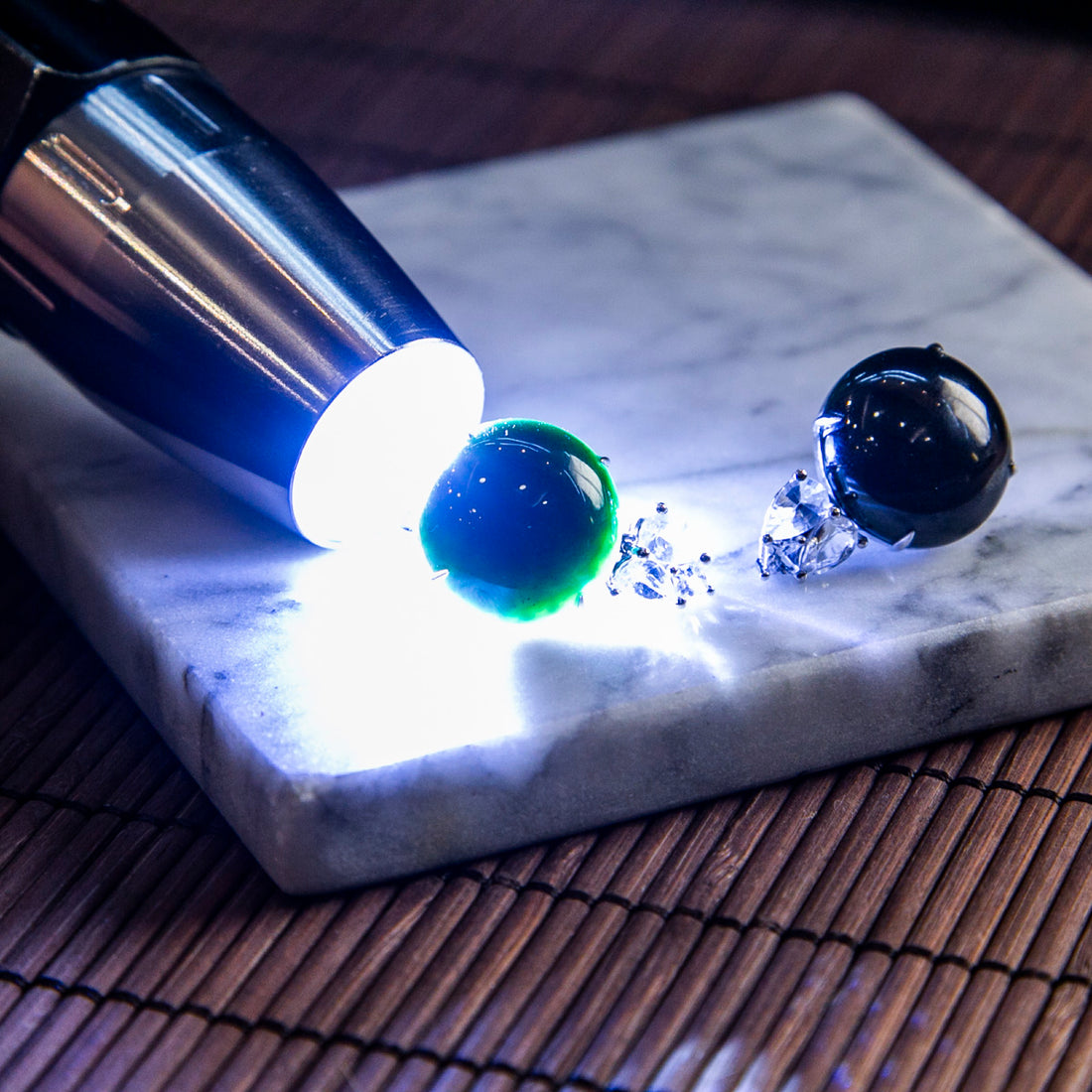 18K Platinum Diamond Natural Burmese Jade Ink Jade Cabochon Earrings