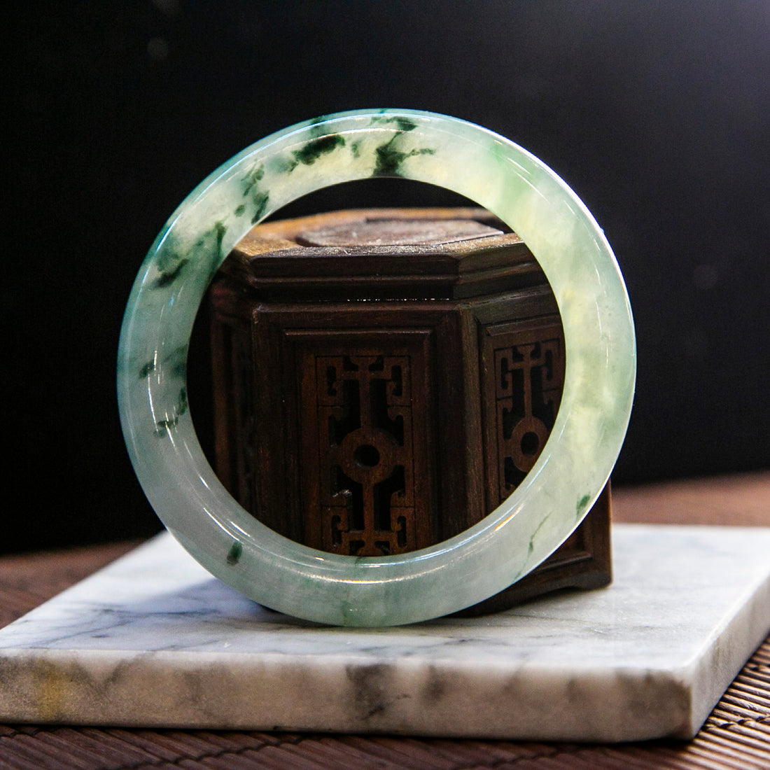 Natural Burmese Jade Icy Light Green Piao Hua Full Circle Bangle (Fits 53-55mm)