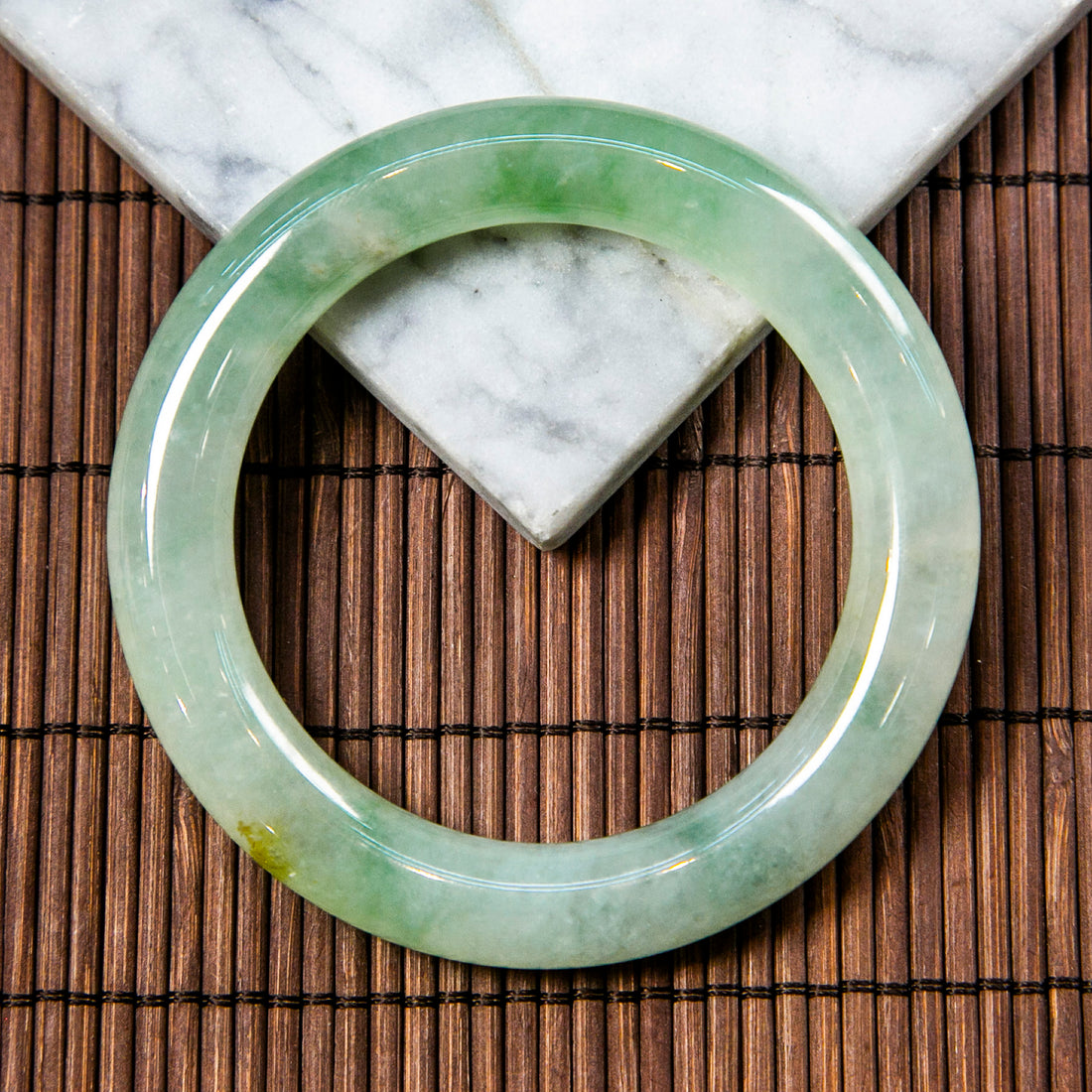 Natural Burmese Jade Icy Green Piao Hua Full Circle Bangle with Shades of Yellow (Fits 53-55mm)