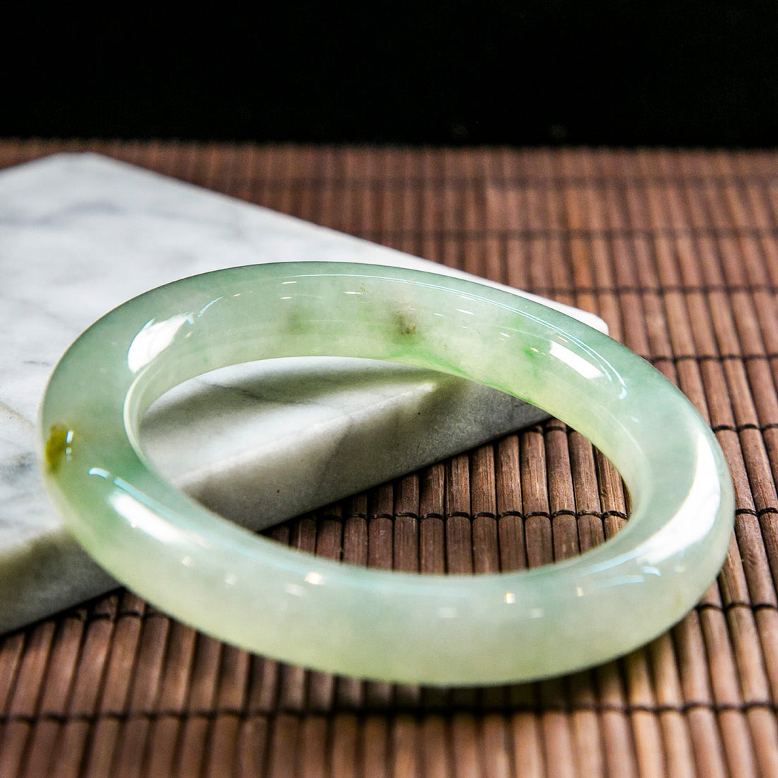 Natural Burmese Jade Icy Green Piao Hua Full Circle Bangle with Shades of Yellow (Fits 53-55mm)