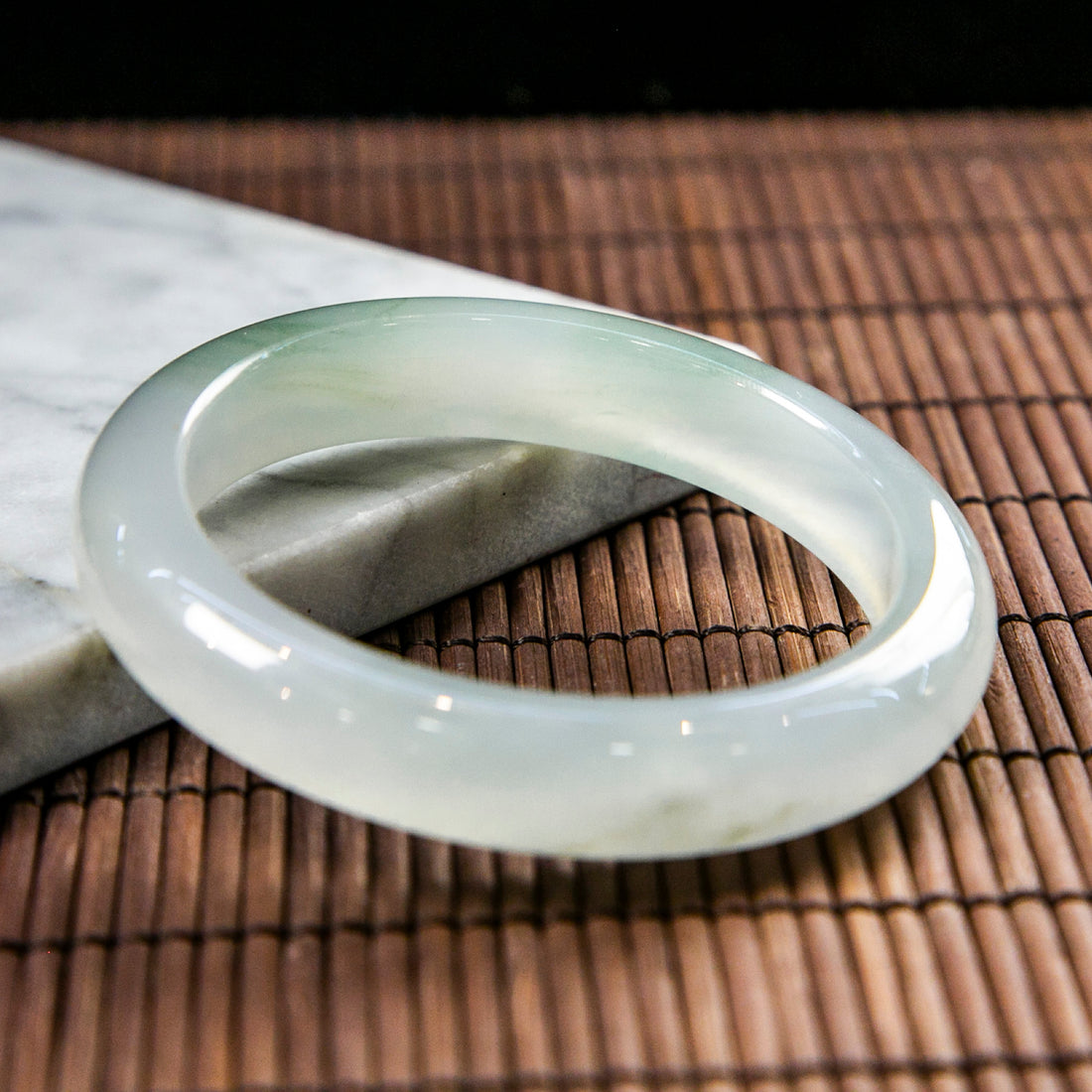 Natural Burmese Jade Icy White Piao Hua Half Circle Bangle (Fits 53-55mm)