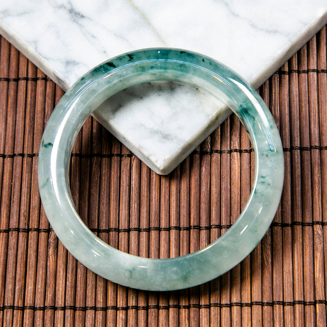 Natural Burmese Jade Icy Bluish Green Piao Hua Half Circle Bangle (Fits 53-55mm)