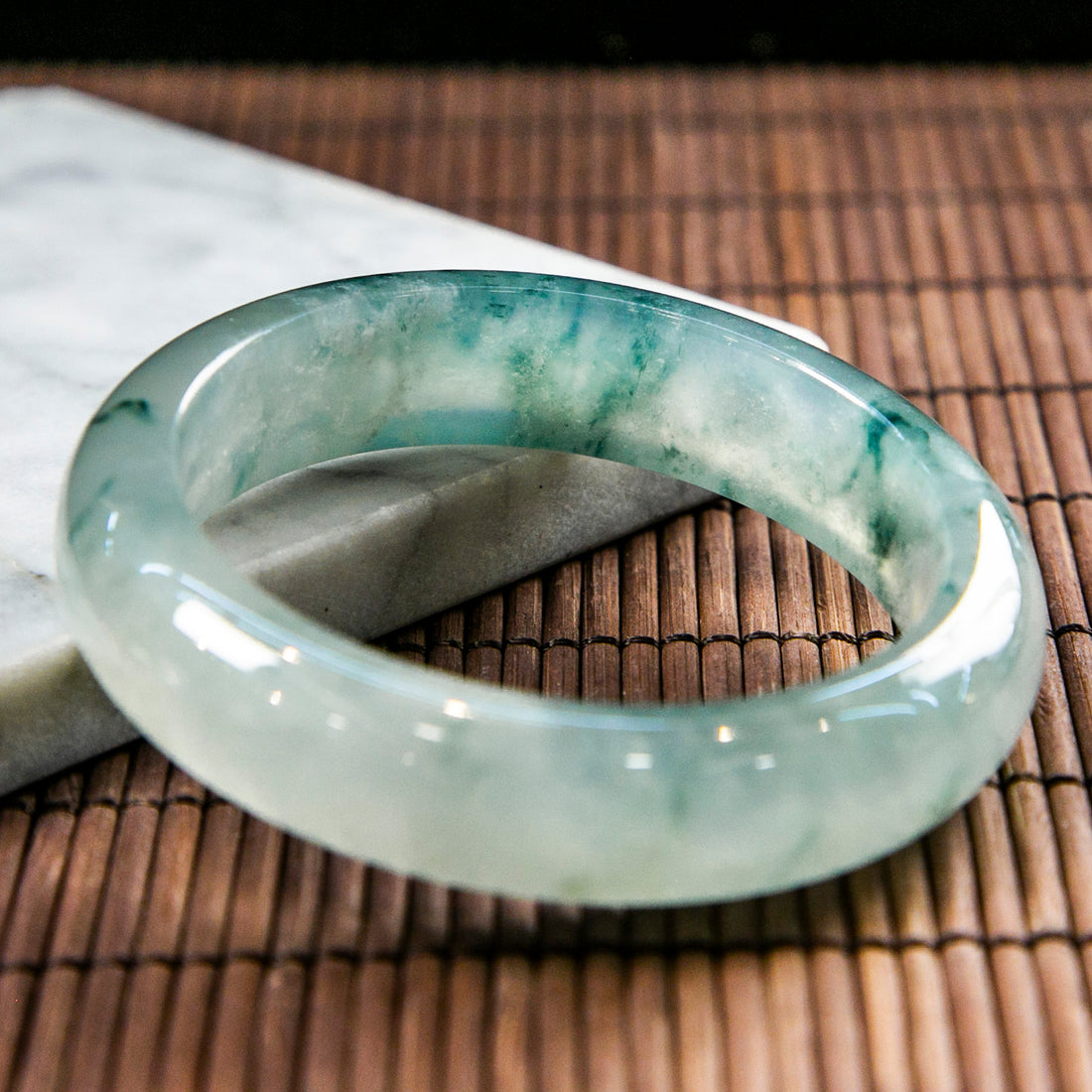 Natural Burmese Jade Icy Bluish Green Piao Hua Half Circle Bangle (Fits 53-55mm)