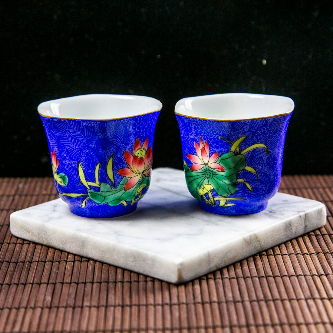 Jing-De Town Carved Overglaze Enamel Hexagonal Blue Teacup (Single Piece)