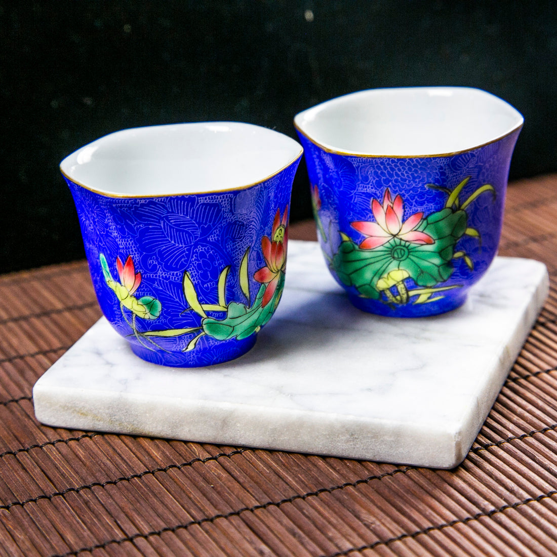 Jing-De Town Carved Overglaze Enamel Hexagonal Blue Teacup (Single Piece)