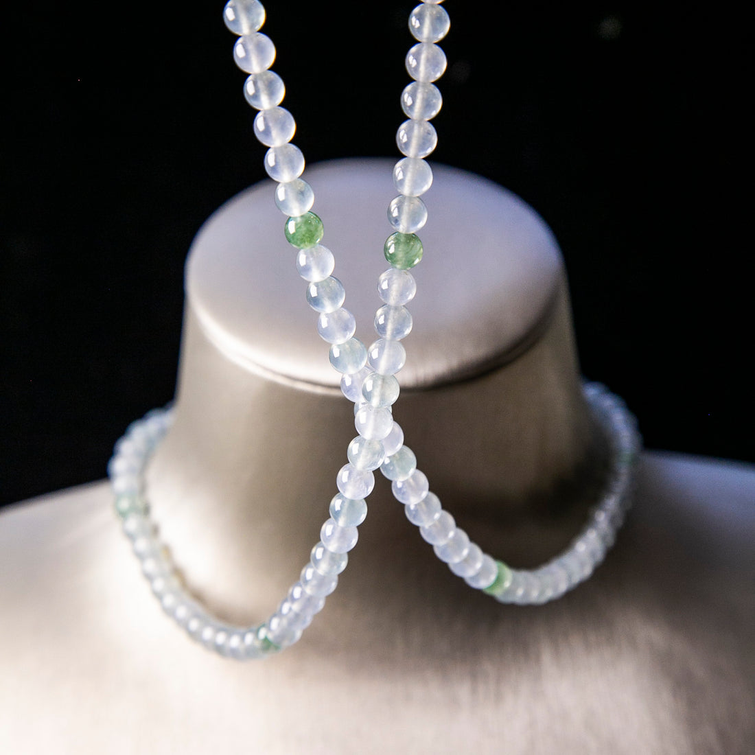 Natural Burmese Jade Icy White & Light Green Beaded Necklace