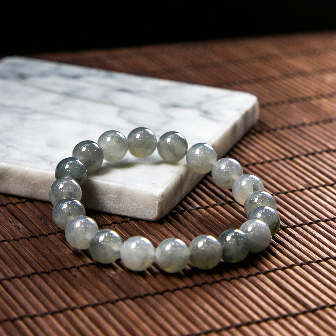 Natural Burmese Jade Icy Black Wuji Piao Hua Beaded Bracelet