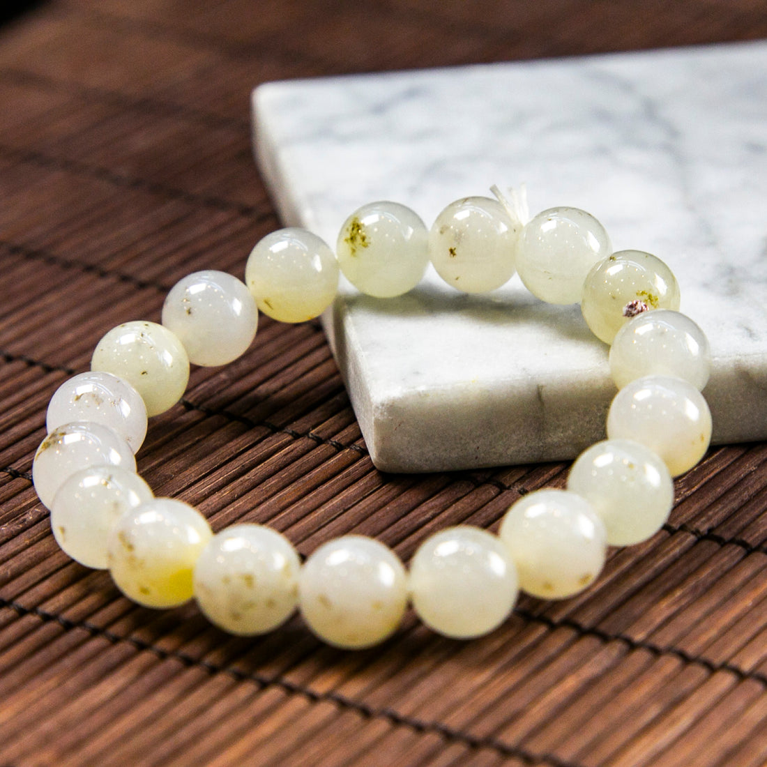 Natural Burmese Jade Light Yellow Beaded Bracelet with Shades of Red