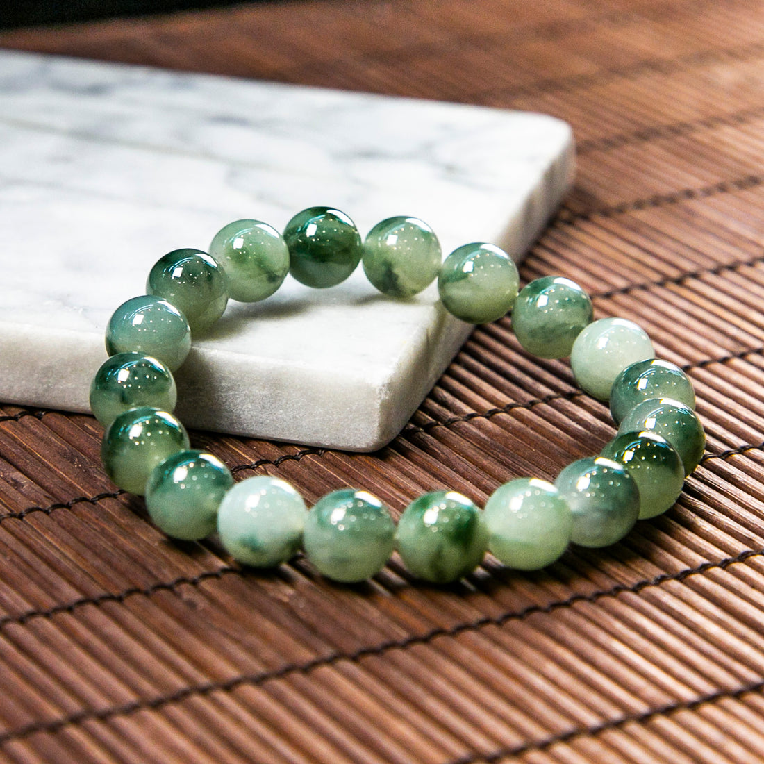 Natural Burmese Jade Light Green Piao Hua Beaded Bracelet