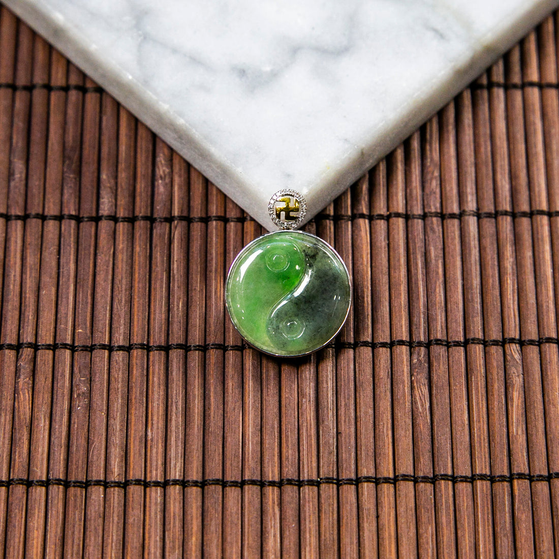 18K Platinum Diamond Natural Burmese Jade Green Taichi Pendant