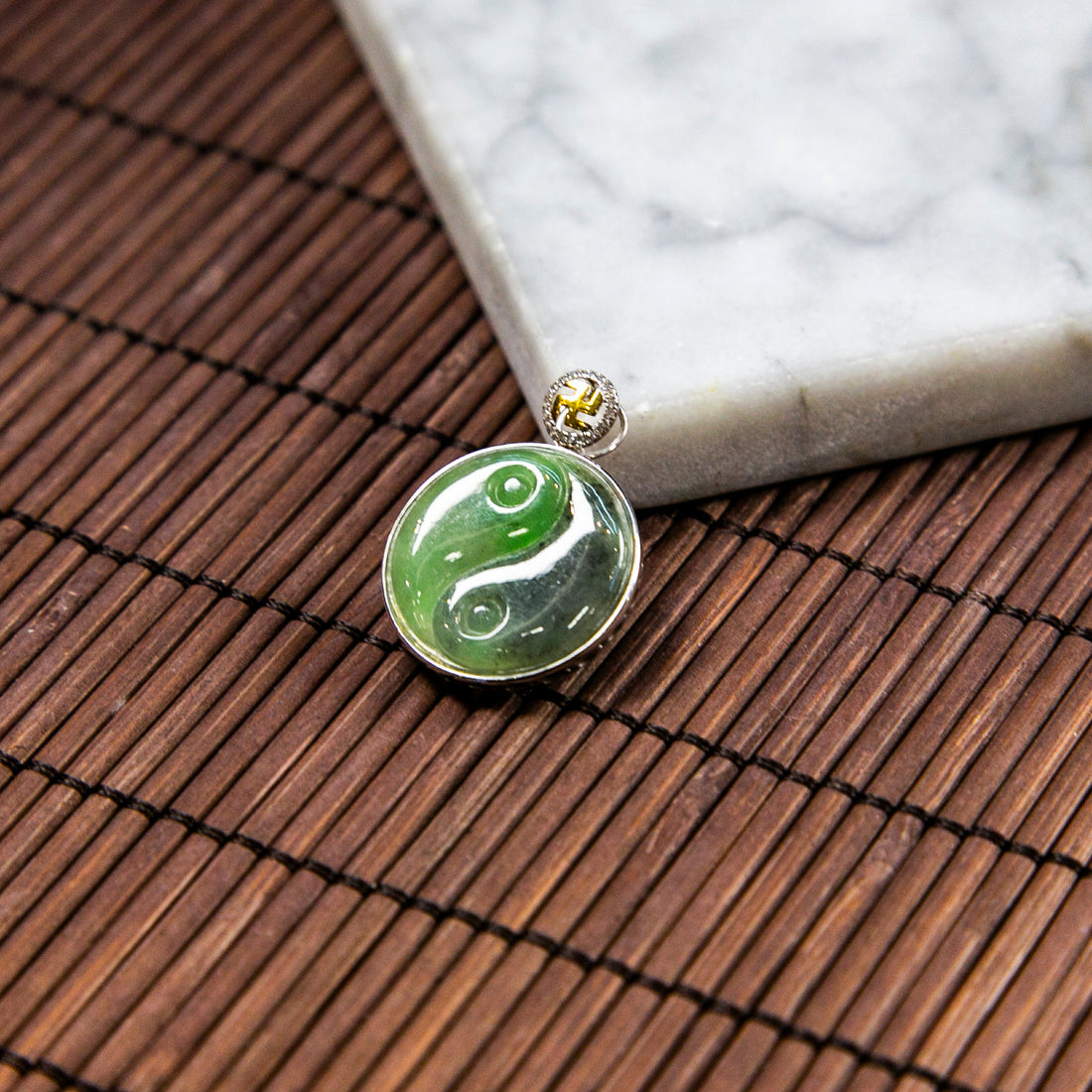 18K Platinum Diamond Natural Burmese Jade Green Taichi Pendant