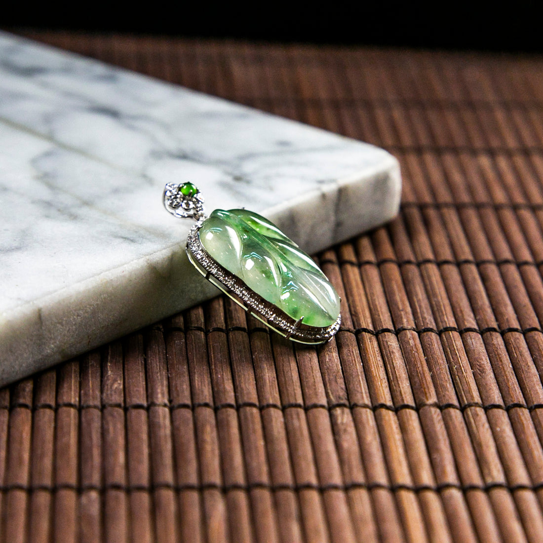 18K Platinum Diamond Natural Burmese Jade Icy Light Green Piao Hua Leaf Pendant
