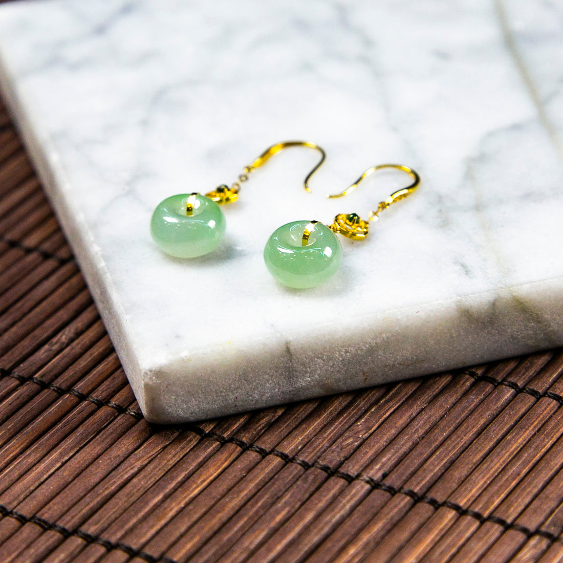18K Gold Diamond Natural Burmese Jade Light Green Ping An Donut Earrings